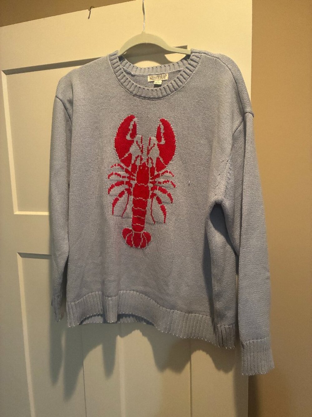 Mighty Fine Light Blue Crewneck Sweater Red Lobster Print Motif Top